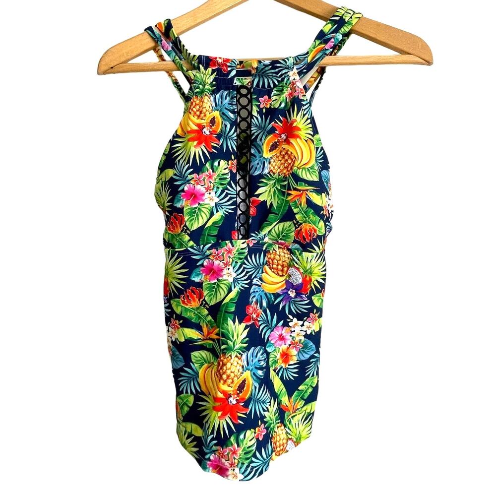 Ageeth halter tankini colorful tropical strappy padded wireless cutout Size Med.